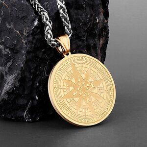 ❤️Vintage Golden Compass Stainless Steel Unisex Pendant Necklace, GP1231171